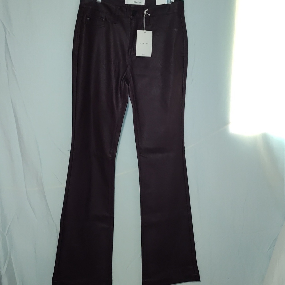 Kancan  Mid Rise Faux Leather Bootcut/ Flare pants in a burgundy color. 5 /26